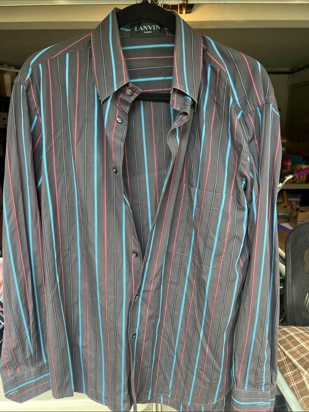 Lanvin Gray Button-Down Shirt with Blue & Pink Stripes